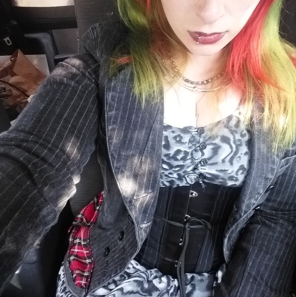 Pinstripe Jean Trench with vintage lace and tartan - Picture 6 of 6